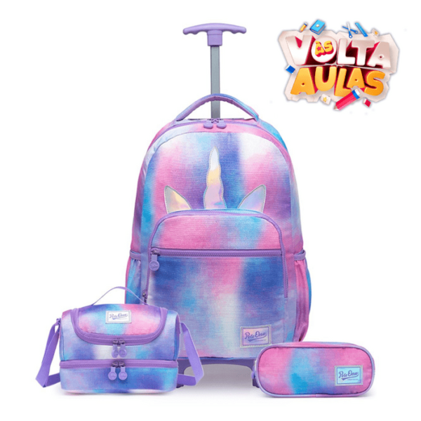 Kit Unicórnio Mochila De Rodinha + Lancheira + Estojo