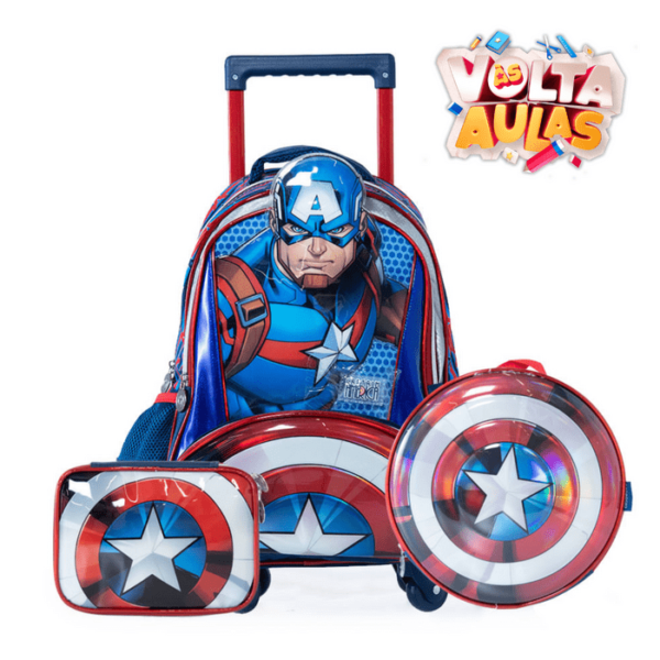Kit Capitão América Mochila De Rodinha + Lancheira + Estojo
