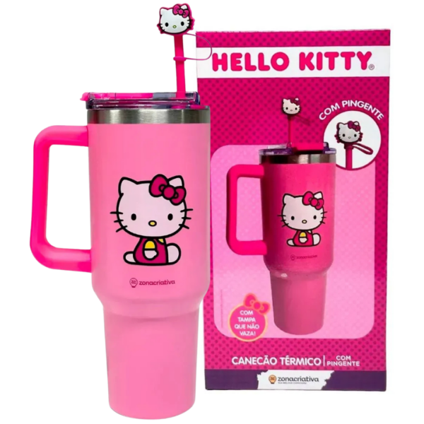 Canecão Copo Térmico c/ Pingente Hello Kitty Rosa 1,15L
