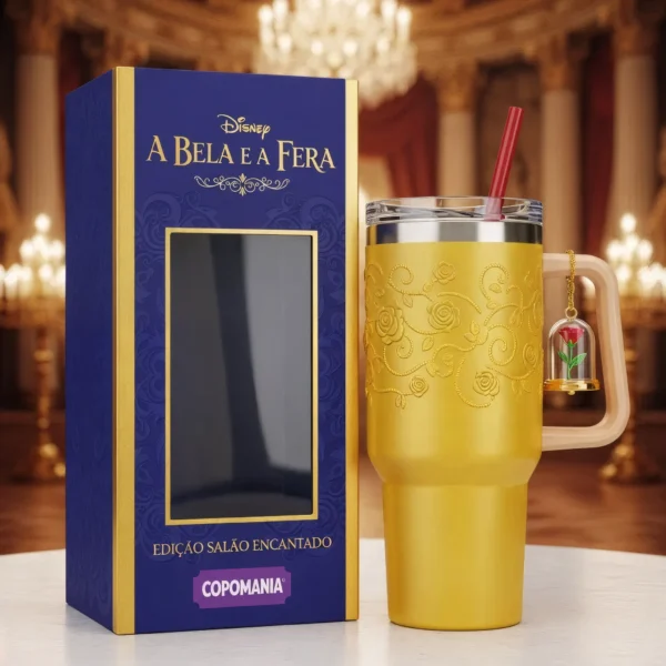 🌹 Copo Térmico A Bela e a Fera + Pingente Rosa Encantada 1,15 L