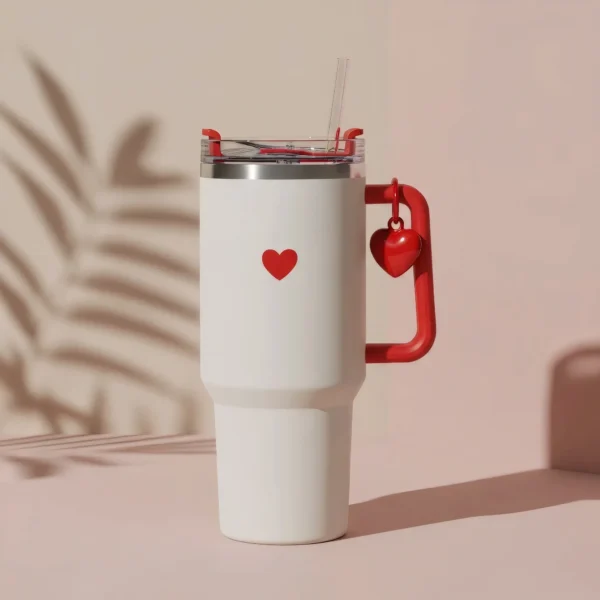 ❤️ Copo Térmico Coração Minimalista Branco e Vermelho 1,15 L + Pingente Brinde