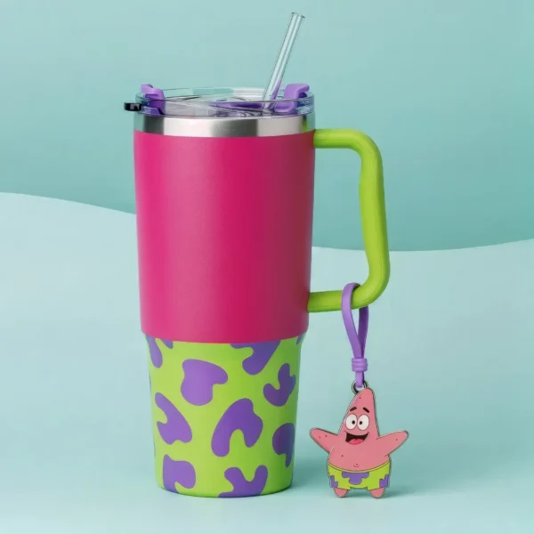 ⭐ Copo Térmico Patrick Estampado Rosa e Verde 1,15 L + Pingente Brinde