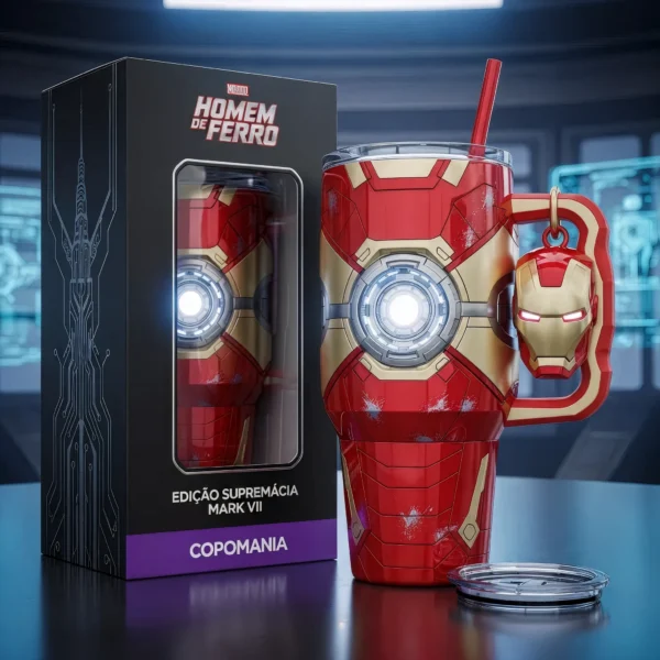 🔥 Copo Térmico Homem de Ferro Mark VII + Pingente Capacete 1,15 L