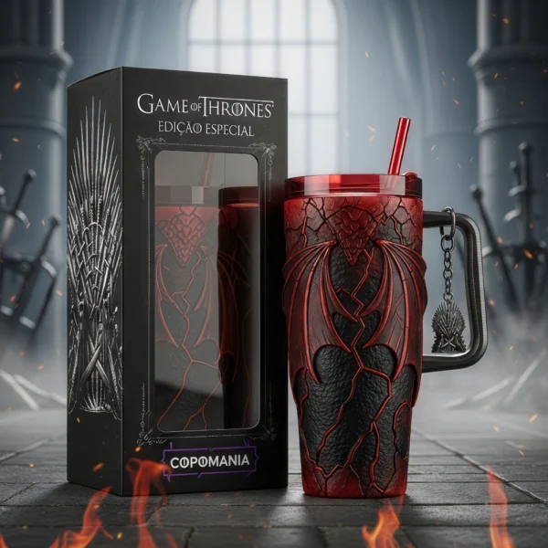 🐉 Copo Térmico Game of Thrones – Dragão Targaryen + Pingente Trono 1,15 L
