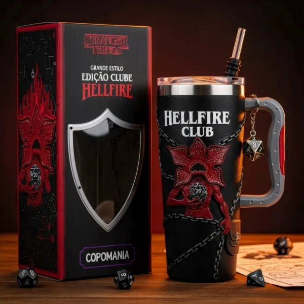 🎲 Copo Térmico Stranger Things – Hellfire Club + Pingente D20 1,15 L