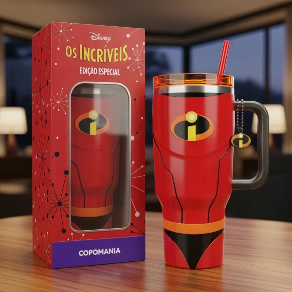 💥 Copo Térmico Os Incríveis + Pingente Símbolo 1,15 L