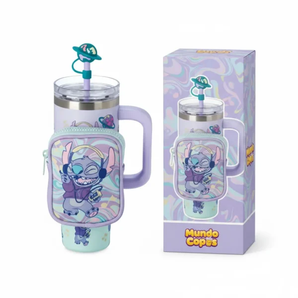 🌴💙 Copo Térmico Stitch com Bolsa + Canudo - 1,15ml