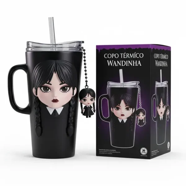 🖤 Copo Térmico Wandinha Addams 1,15L + Pingente (Brinde GRÁTIS)