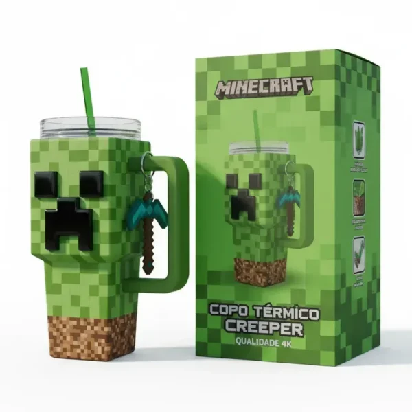 Copo Térmico Creeper Minecraft  + Pingente Picareta 1,15 L