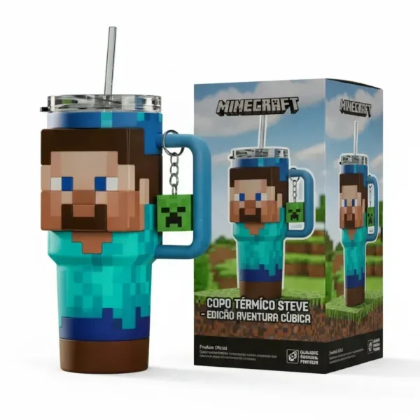 Copo Térmico Steve Minecraft  + Pingente Creeper 1,15 L