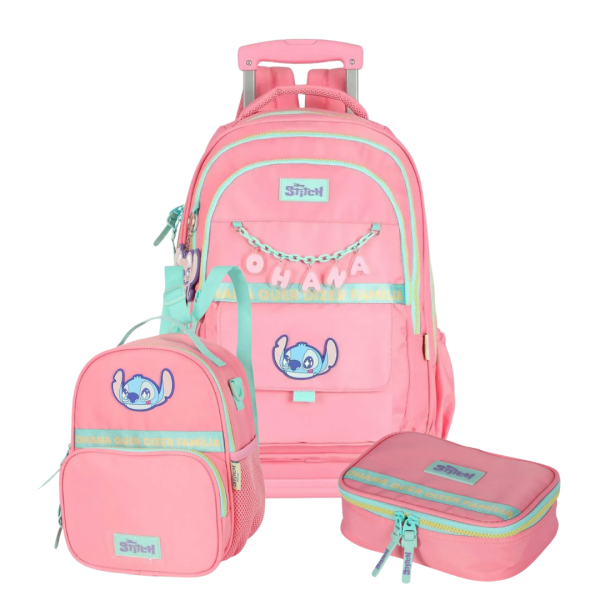 KIT Mochila Infantil Rodinhas Stitch com Lancheira e Estojo Salmão