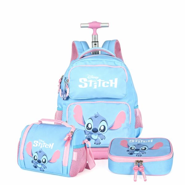KIT Mochila Infantil Rodinhas Stitch com Lancheira e Estojo