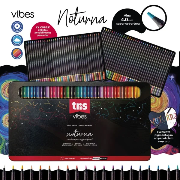 Lápis de Cor Vibes Noturna 72 Cores Tris Estojo de Lata